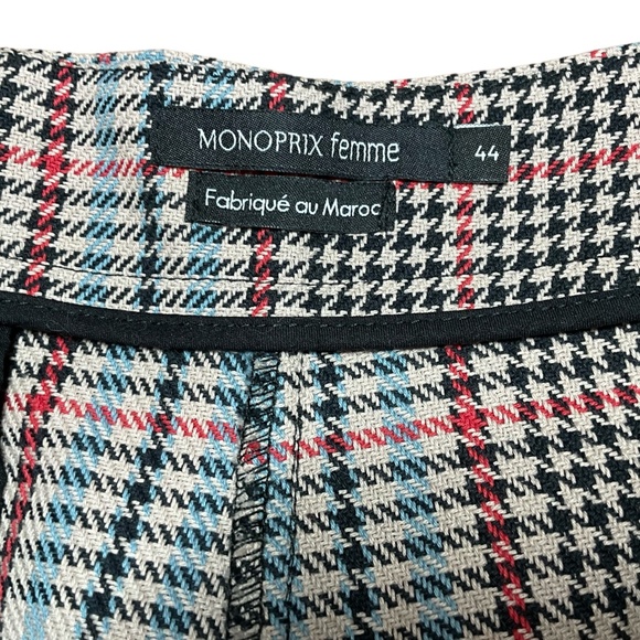 MONOPRIX 100% Cotton Wide Leg Cropped Plaid Trousers Side Zip Flat Front Sz 12 - Picture 4 of 11